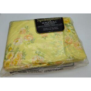 Vintage Springmaid Double Fitted Sheet, Yellow w Pink Regal Rose, Percale, USA